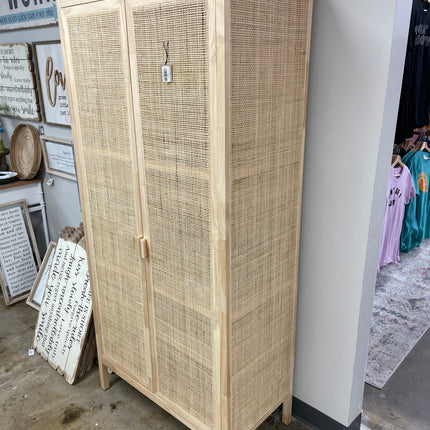 Woven Rattan and Wood Cabinet with Doors