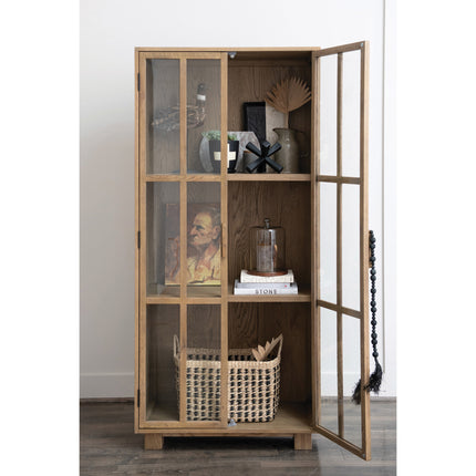 Oak Cabinet with Glass Doors and Shelves