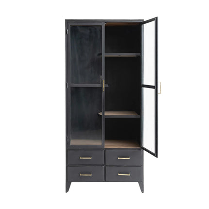 Acacia Wood & Metal Cabinet w/ 2 Glass Doors, 3 Swivel Shelves & 4 Drawers, Black  32"W x 18"D x 71"H