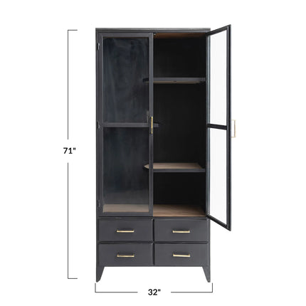 Acacia Wood & Metal Cabinet w/ 2 Glass Doors, 3 Swivel Shelves & 4 Drawers, Black  32"W x 18"D x 71"H